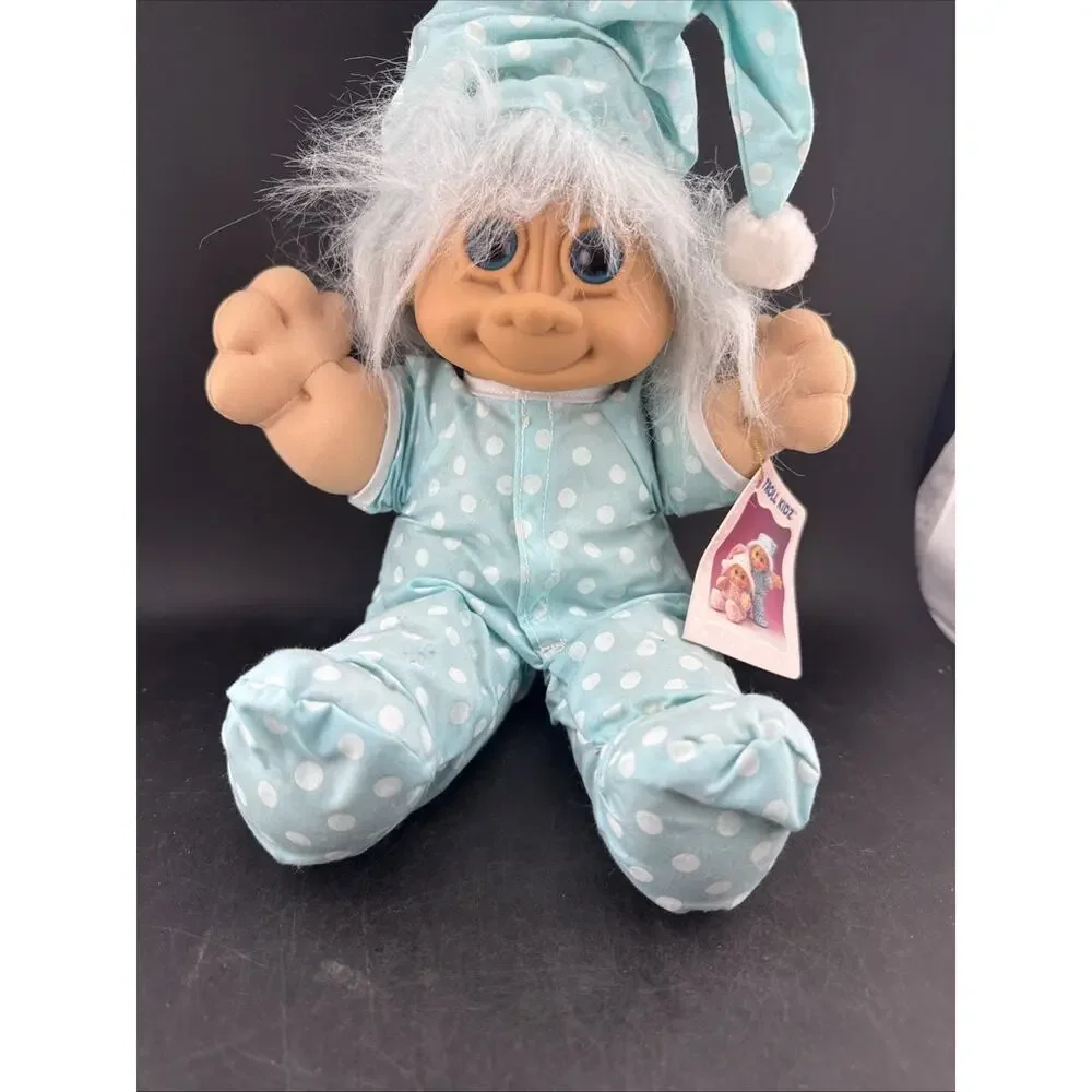 Vtg Russ Troll Kidz Spanky Doll Blue White Polka Dot Pajamas Nightcap Plush 12